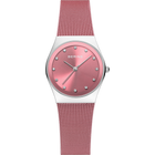BERING watch with rose round dial, silver case, and rose mesh bracelet, front view against white background.