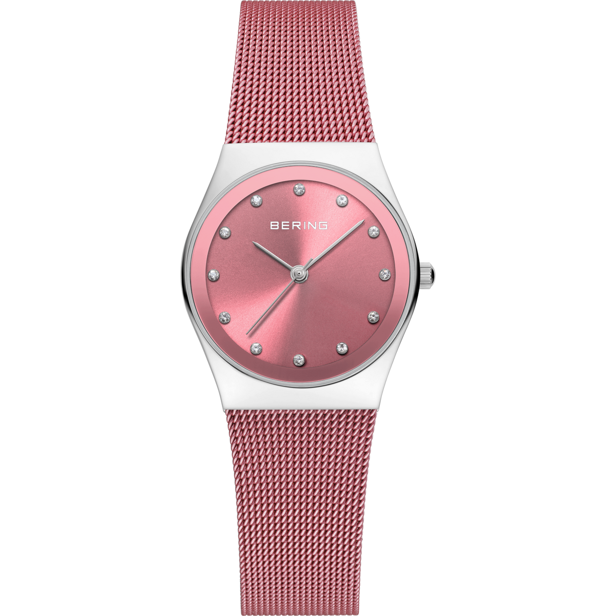 BERING watch with rose round dial, silver case, and rose mesh bracelet, front view against white background.