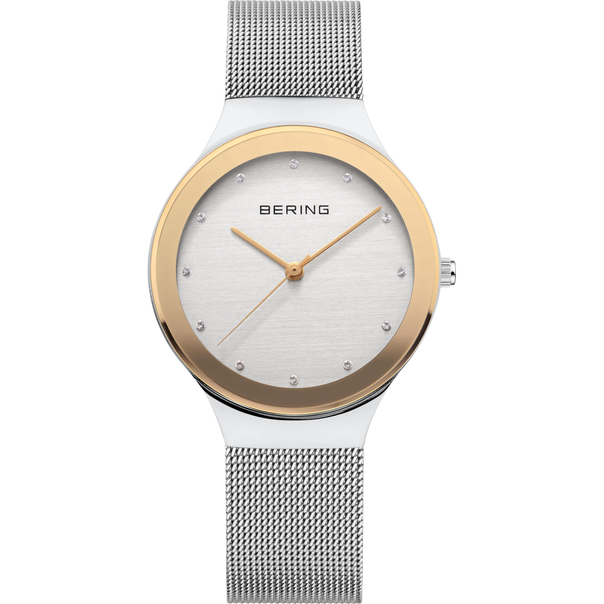 Montre BERING ronde avec boîtier or champagne, cadran blanc et bracelet en maille, vue de face.