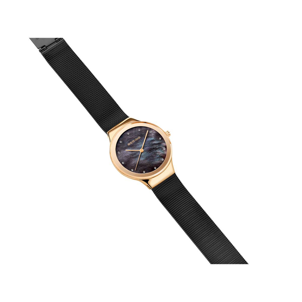 Round-faced wristwatch with dark dial, gold-tone case, and black leather strap displayed at angle.