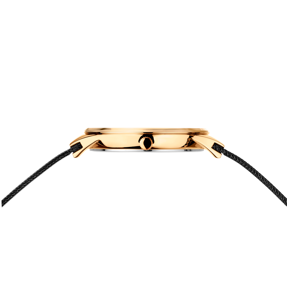 Gold wristwatch viewed from the side, showing polished case and black textured strap.