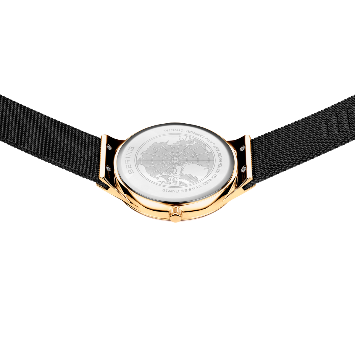 Watch caseback with BERING engraving, gold-tone case, black fabric strap