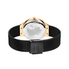 Watch caseback with rose gold lugs, black mesh band, rectangular clasp, and engraved branding.