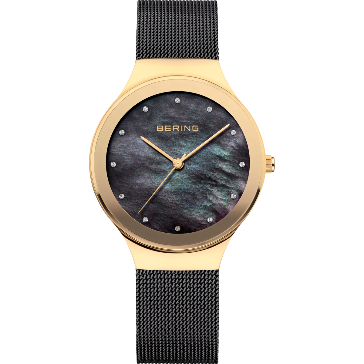 BERING wristwatch with gold case, dark textured dial, and black mesh band.