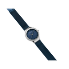 Dark blue textured band and silver case of BERING wristwatch, angled perspective view