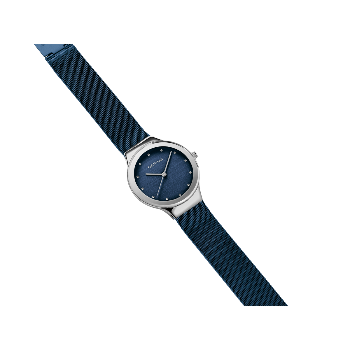 Dark blue textured band and silver case of BERING wristwatch, angled perspective view