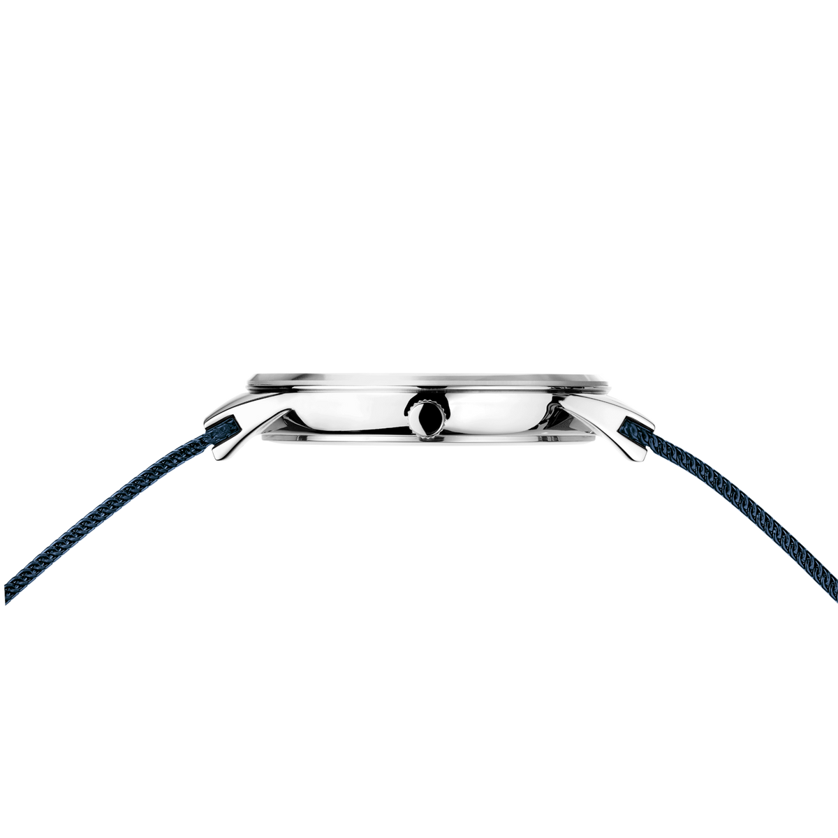 Watch case profile with silver lugs and dark blue textile strap