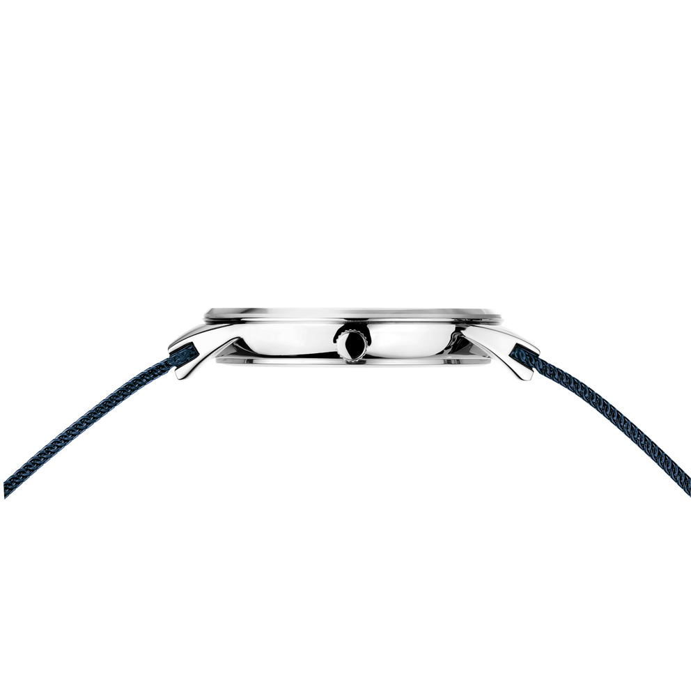 Watch case profile with silver lugs and dark blue textile strap