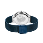 Watch displayed from back, showing transparent caseback with visible mechanism and teal mesh metal bracelet.