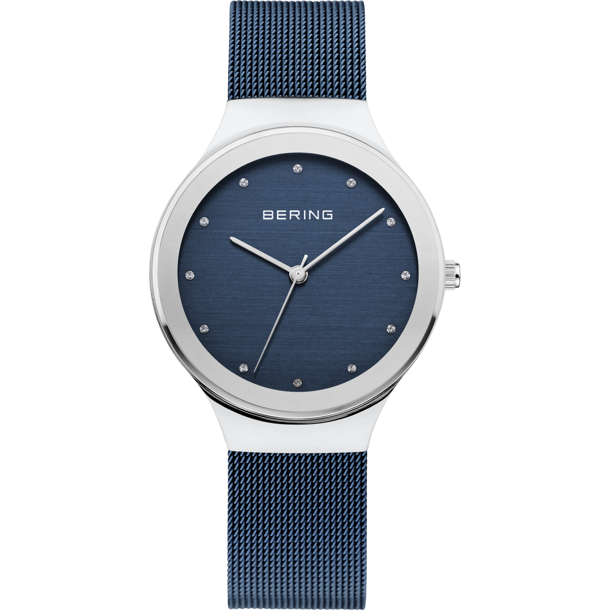 BERING wristwatch with silver case, dark blue dial, and mesh strap