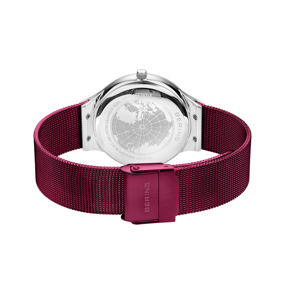 Achterkant van BERING horloge met bordeauxrood mesh bandje en magnetische sluiting