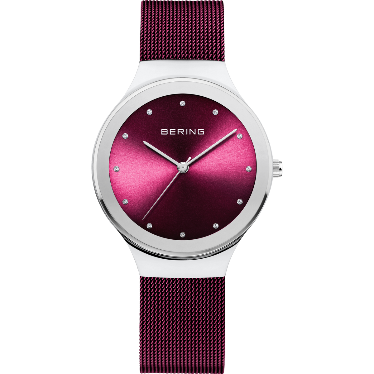 BERING horloge met zilveren kast, bordeaux verloop wijzerplaat en mesh-band