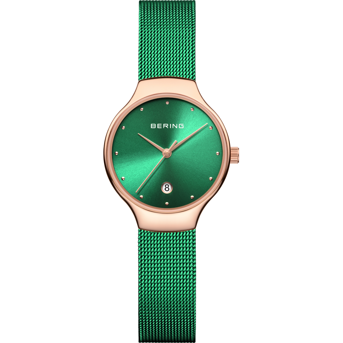 Montre-bracelet BERING avec boîtier rose doré et cadran vert, bracelet maille verte