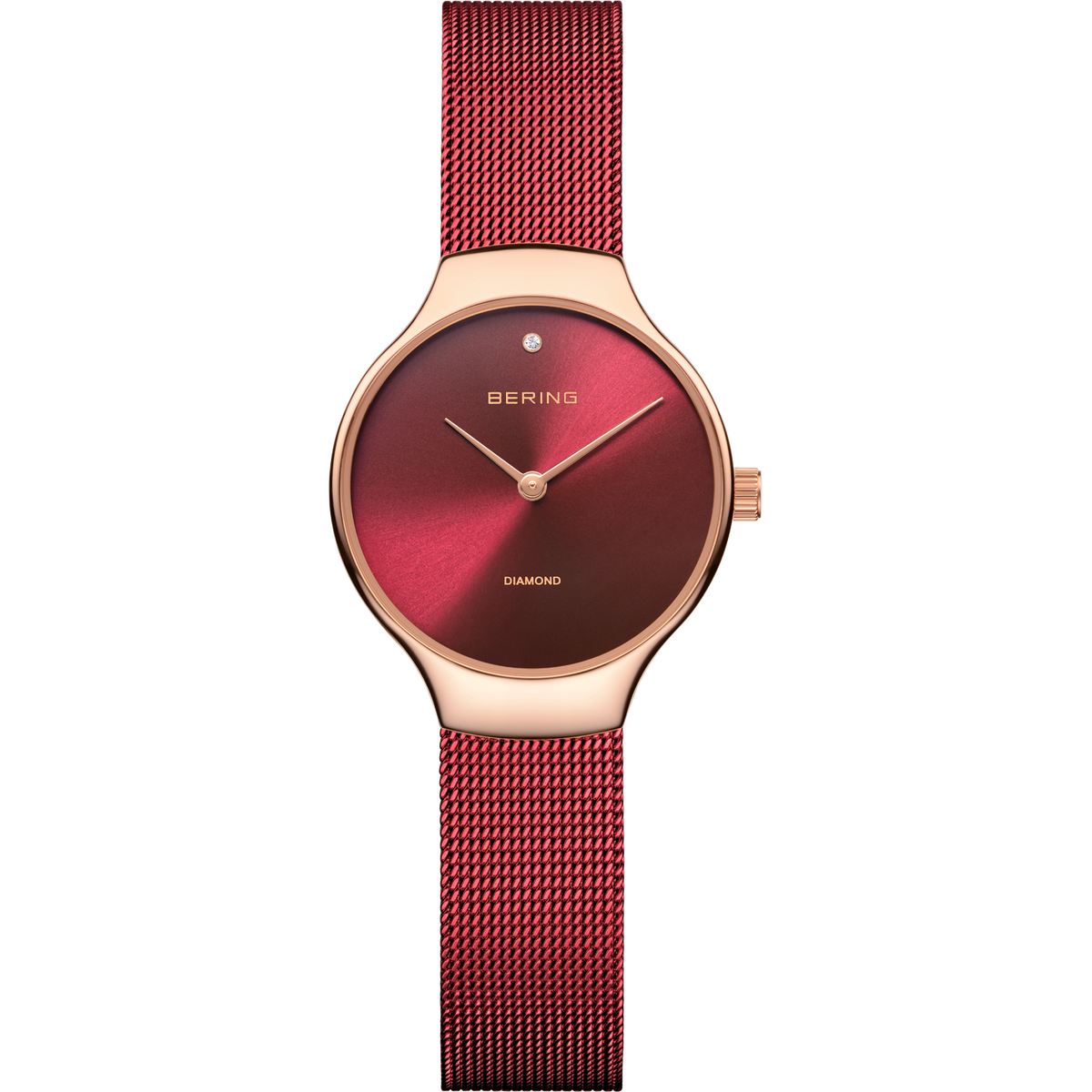 BERING Charity wristwatch with burgundy mesh bracelet, rose gold case, and minimalist burgundy dial.