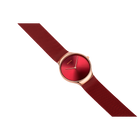 Burgundy woven-strap watch with rose-gold case and red dial, positioned diagonally