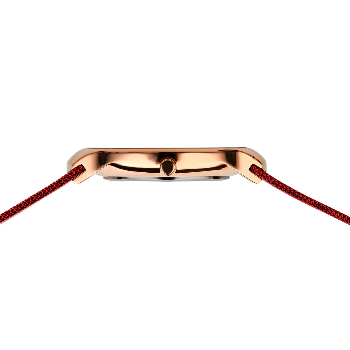 Watch case in rose gold with burgundy fabric strap, side view