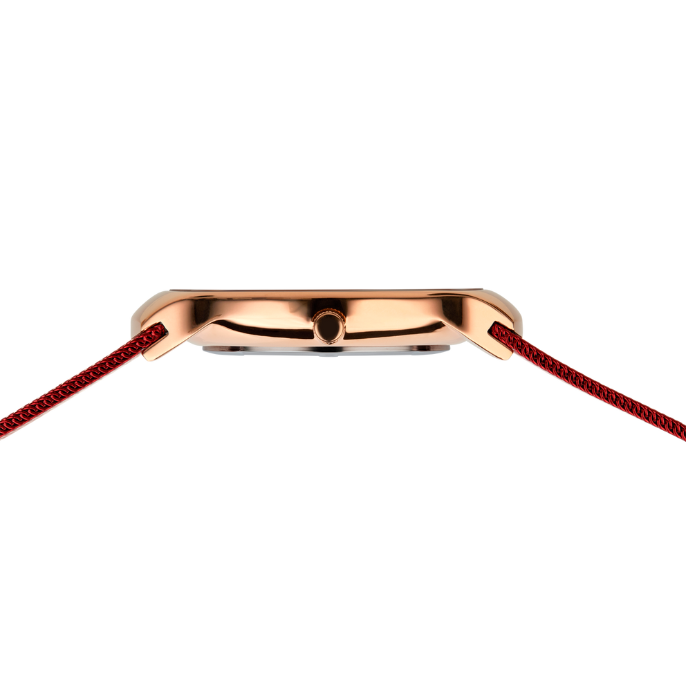 Watch case in rose gold with burgundy fabric strap, side view