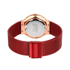 Watch back with rose gold case and burgundy mesh band, red clasp visible