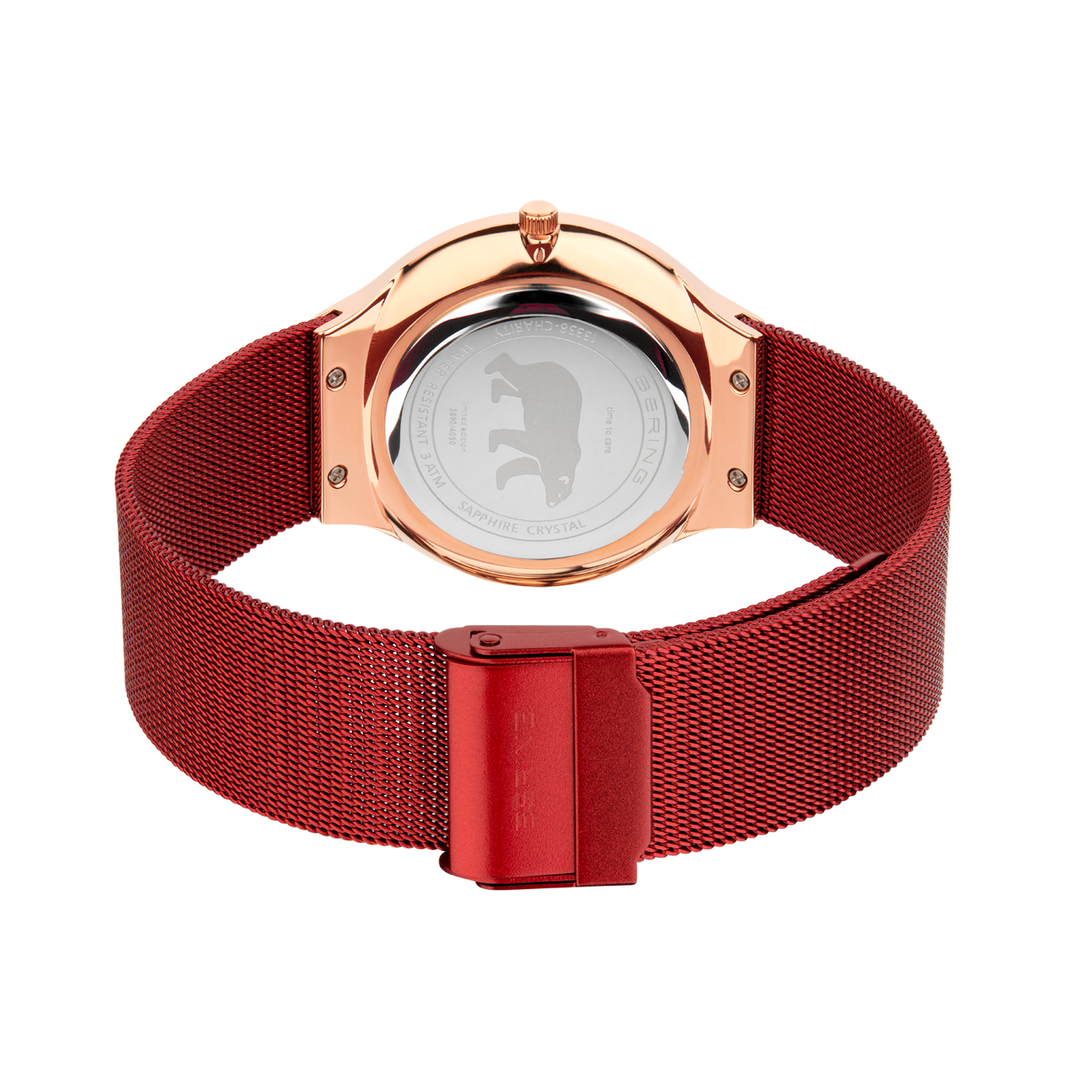 Watch back with rose gold case and burgundy mesh band, red clasp visible