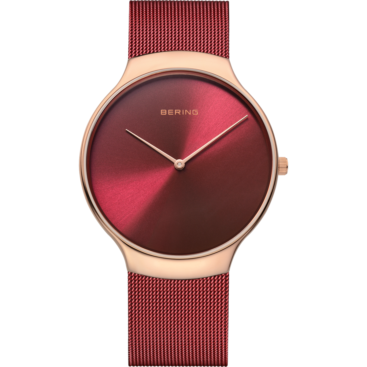 BERING wristwatch with rose gold case and mesh band, burgundy dial with radial gradient