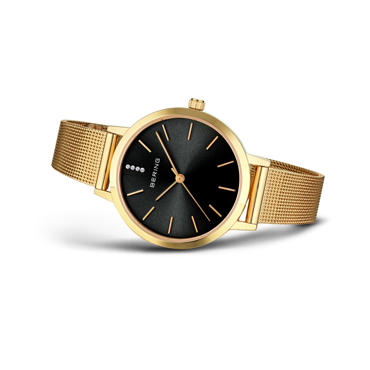 Gold watch with black dial and mesh bracelet, three-quarter view