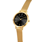Gold mesh wristwatch with black dial and minimalist design, shown at three-quarter angle