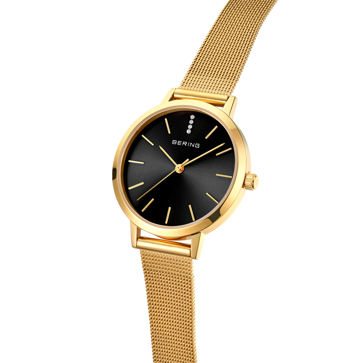 Gold mesh wristwatch with black dial and minimalist design, shown at three-quarter angle
