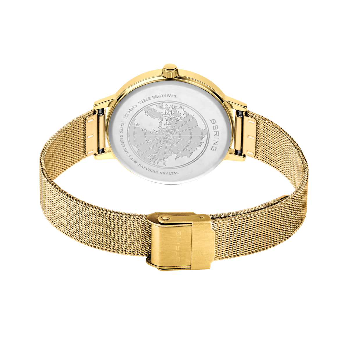 Watch back view with gold mesh band, white dial visible, gold fold-over clasp