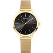 BERING Armbanduhr mit goldener Mesharmband, schwarzem Zifferblatt und minimalistischen Stundenindexen.