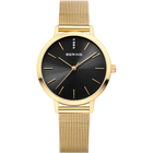 BERING wristwatch with gold mesh band and black dial with simple hour markers.
