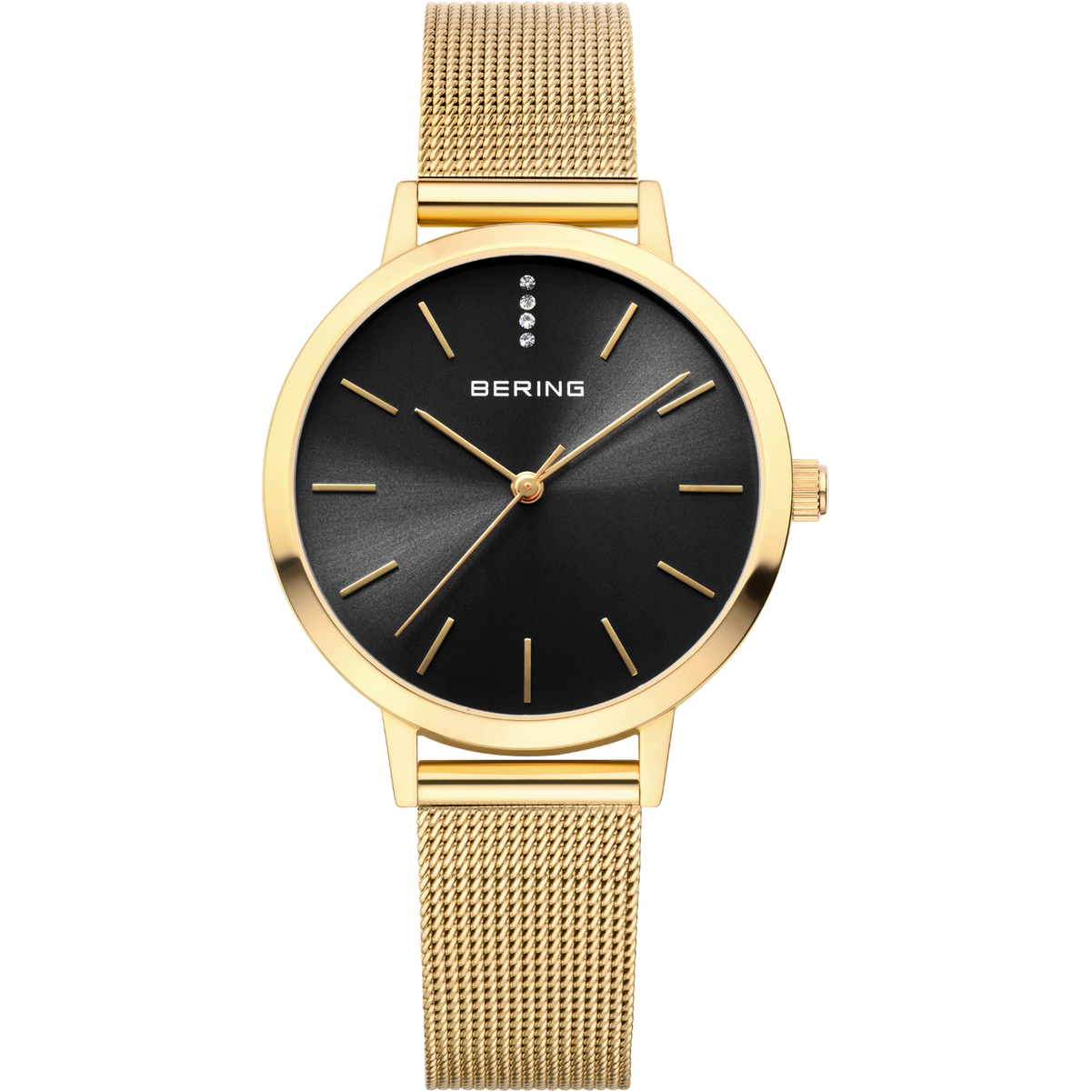 BERING wristwatch with gold mesh band and black dial with simple hour markers.