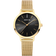 BERING wristwatch with gold mesh band and black dial with simple hour markers.