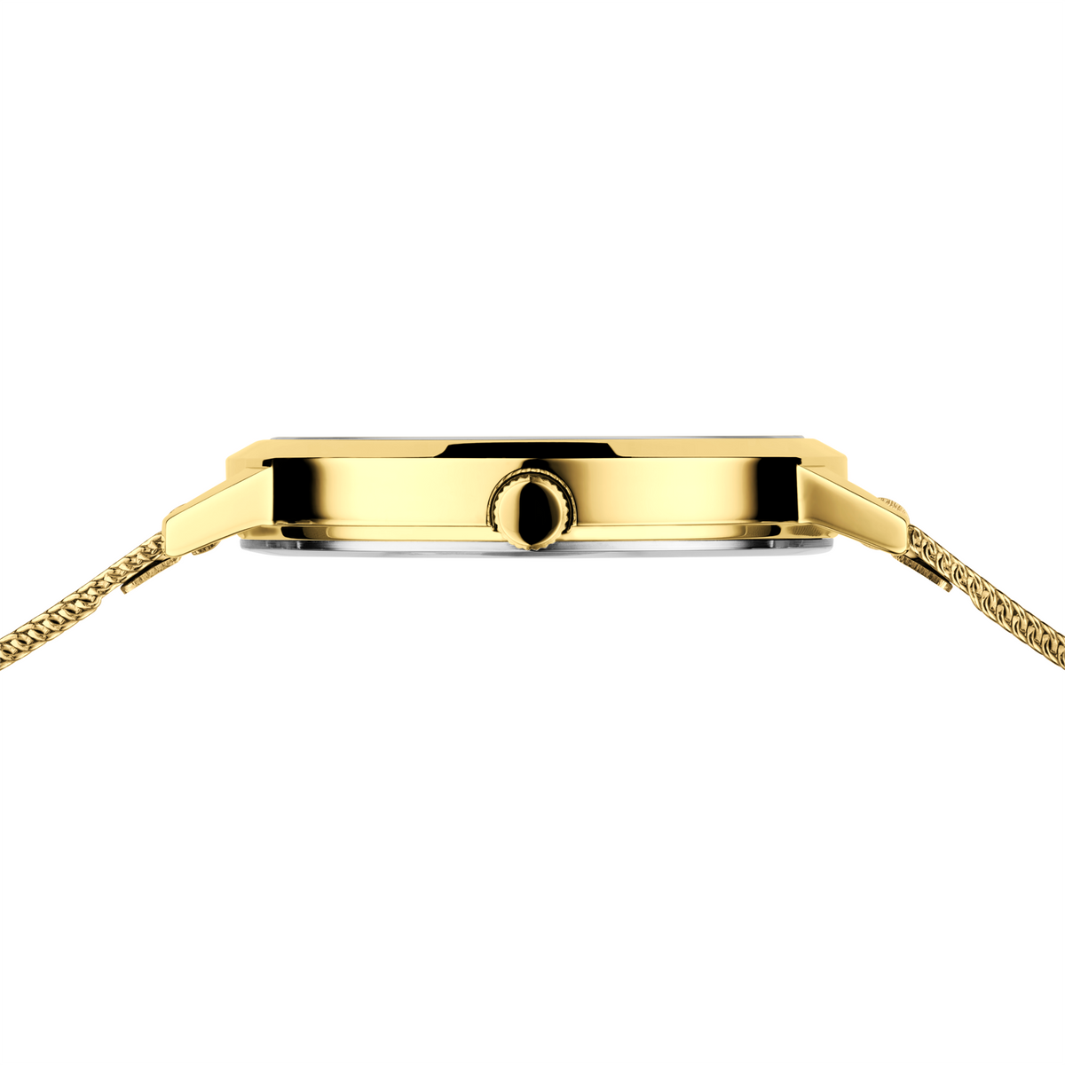 Gold watch case with black dial viewed from the side, gold mesh bracelet on both sides.