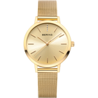 Gold-toned round watch with mesh band, minimalist dial featuring BERING branding and simple indices