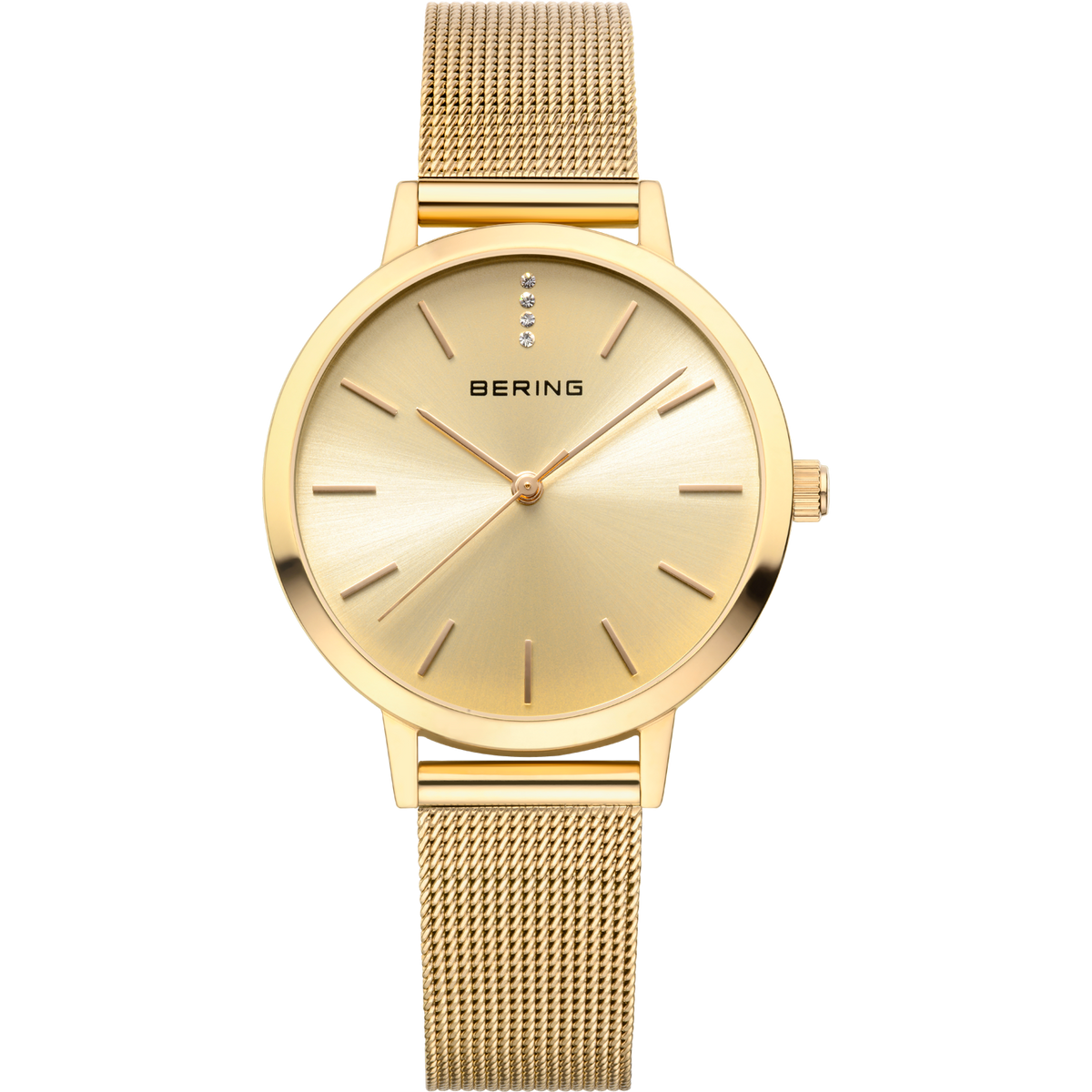 Gold-toned round watch with mesh band, minimalist dial featuring BERING branding and simple indices