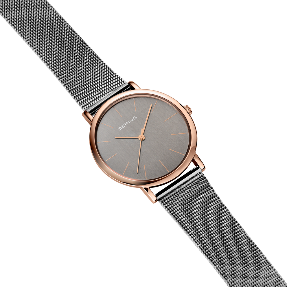 Montre minimaliste maille grise et or rose
