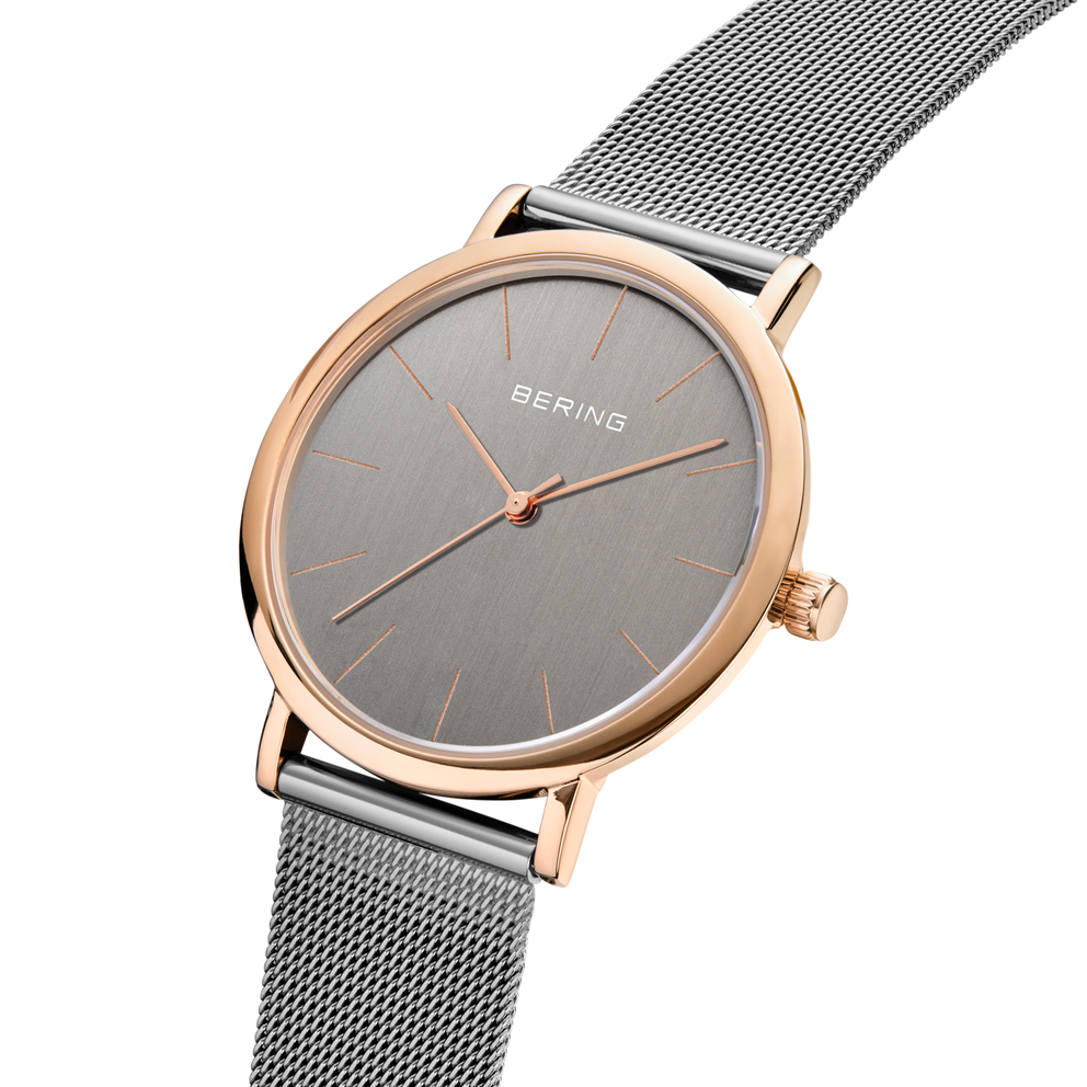 Montre minimaliste maille grise et or rose