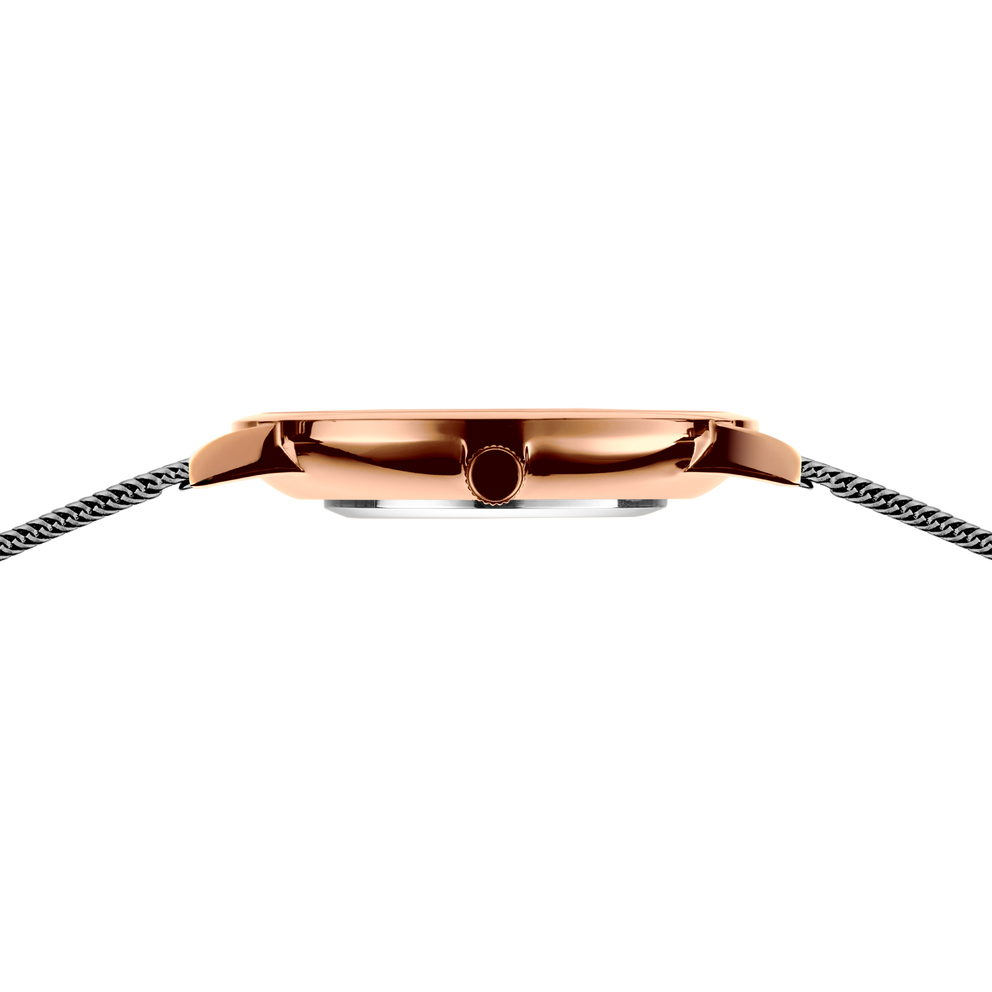 Rose gold watch case with dark dial, side profile view. Twisted metal strap on both sides.