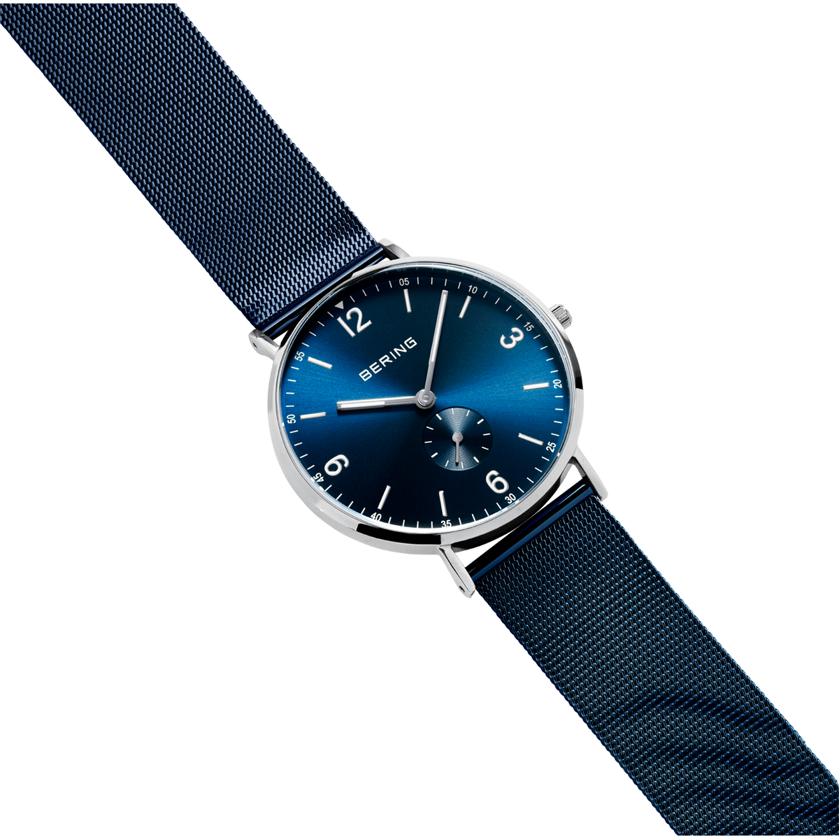 BERING wristwatch with blue dial, silver case, and blue mesh bracelet, shown at diagonal angle.