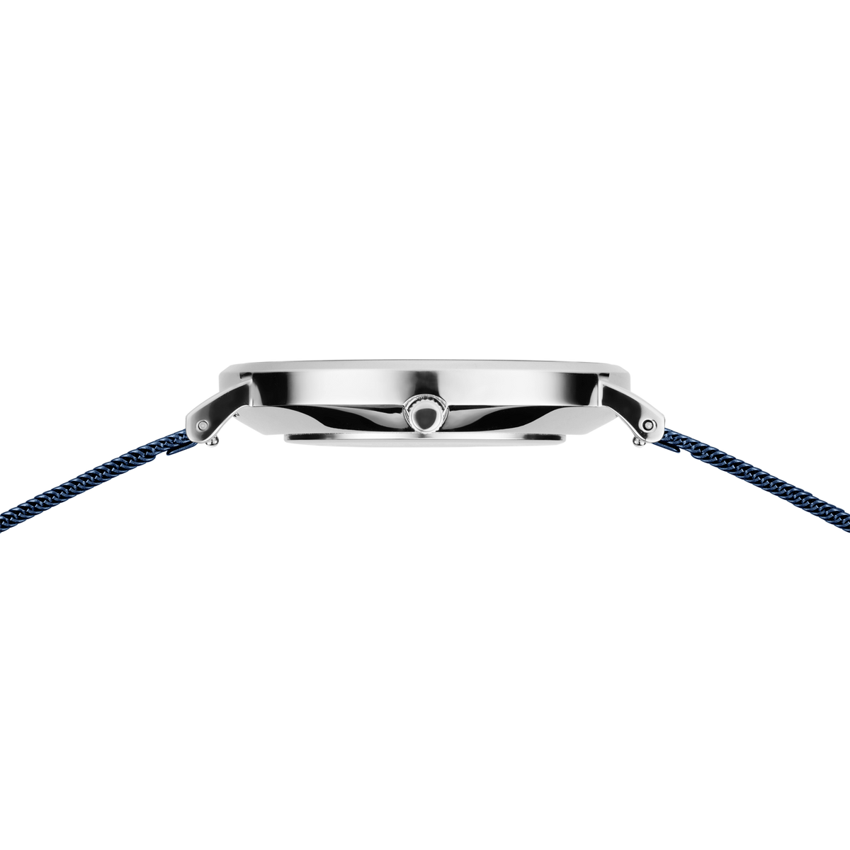 Silver watch case with black dial and navy fabric strap, viewed from above