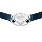 Watch case back with polished silver finish and navy textile strap