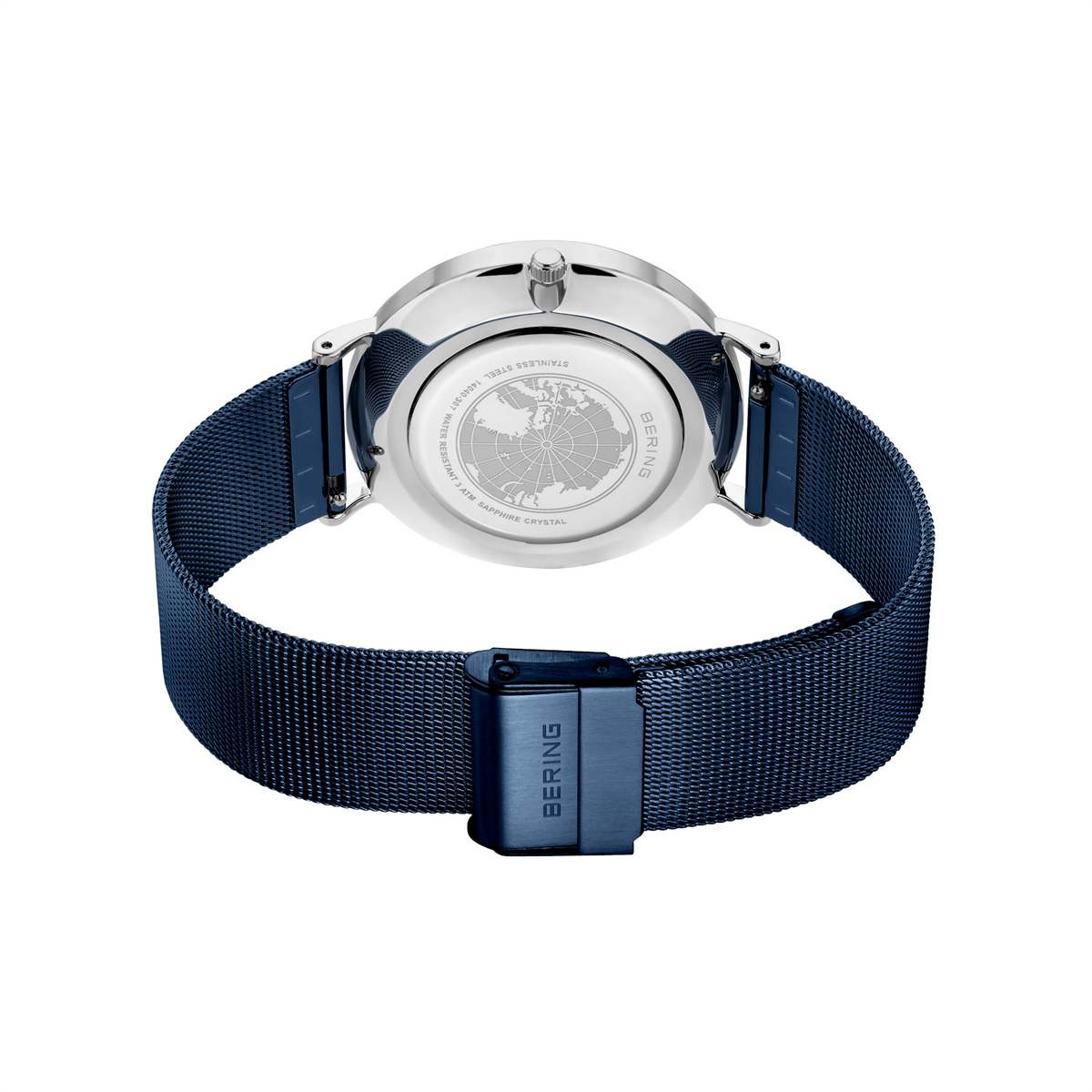Back view of watch with white dial, rotating bezel, polished silver case, and navy fabric strap with buckle.