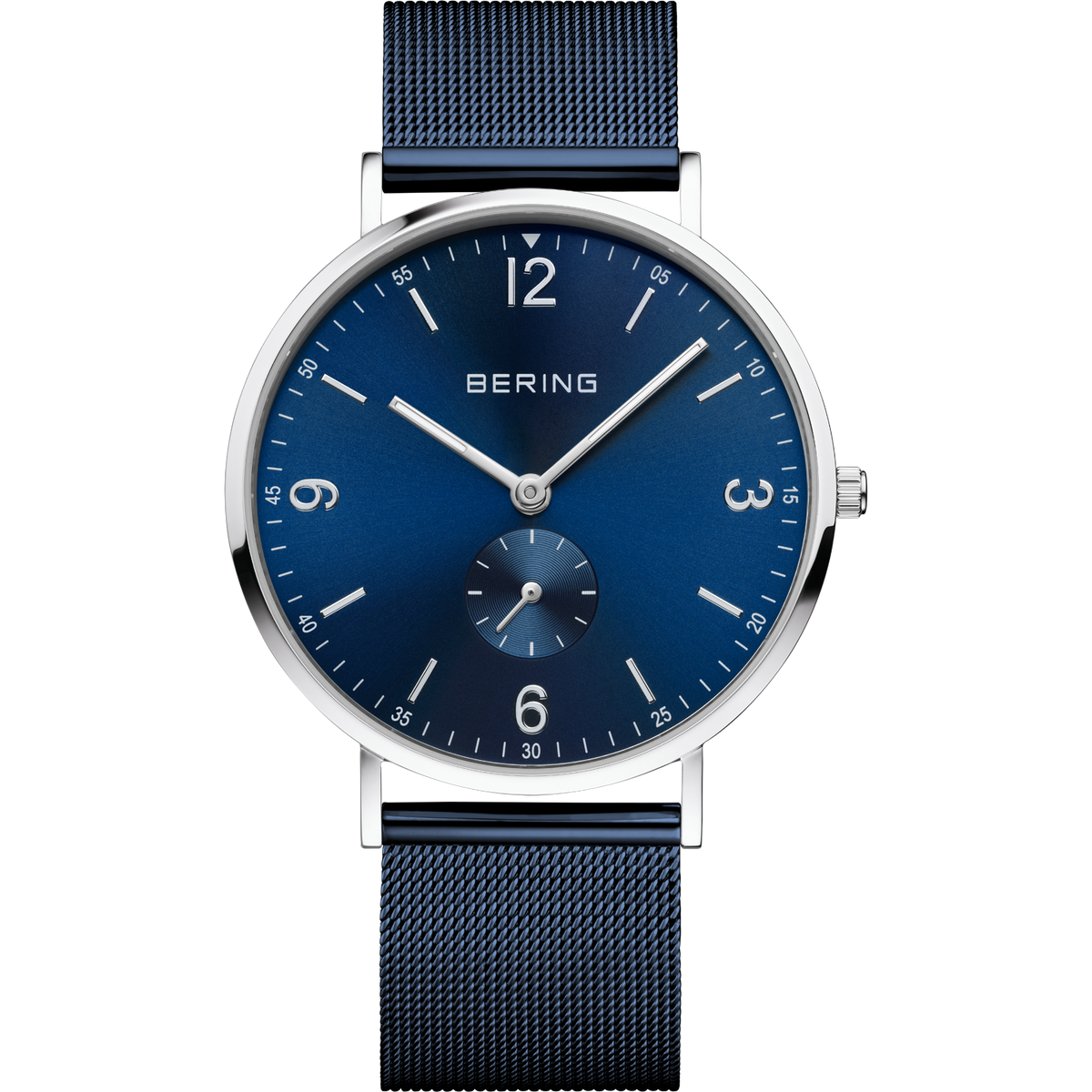 BERING wristwatch with blue dial, silver case, black mesh band