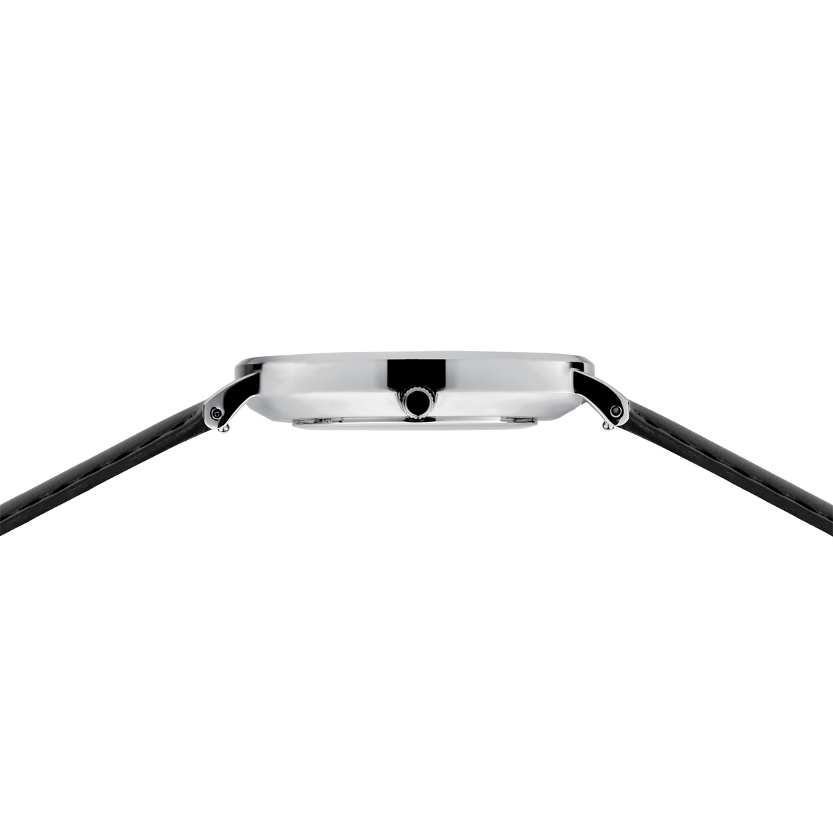 Montre au boîtier rectangulaire gris argenté et bracelet noir, vue de profil.