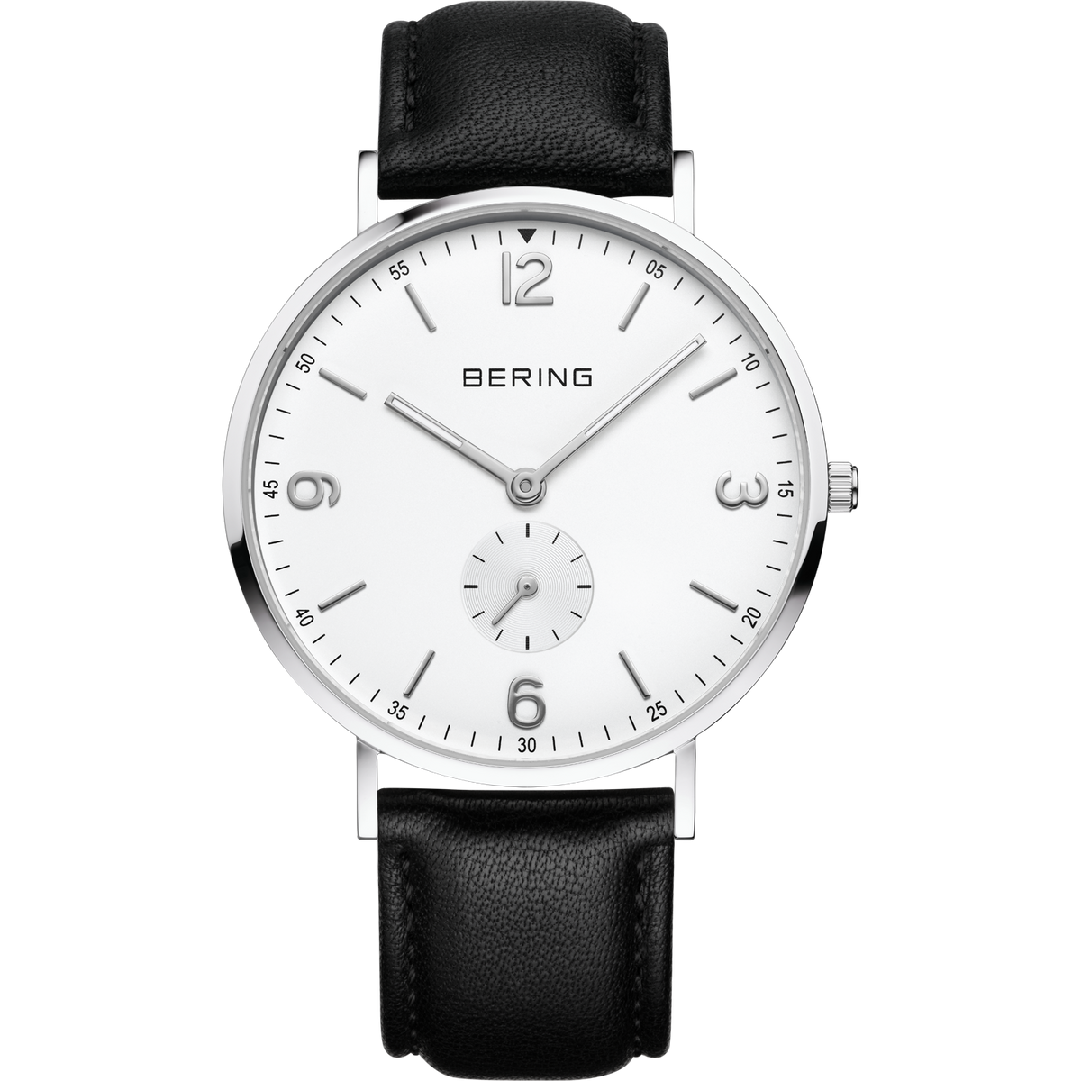 Montre BERING au design minimaliste, boîtier rond argenté, cadran blanc, aiguilles noires et bracelet cuir noir.