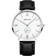 Montre BERING au design minimaliste, boîtier rond argenté, cadran blanc, aiguilles noires et bracelet cuir noir.