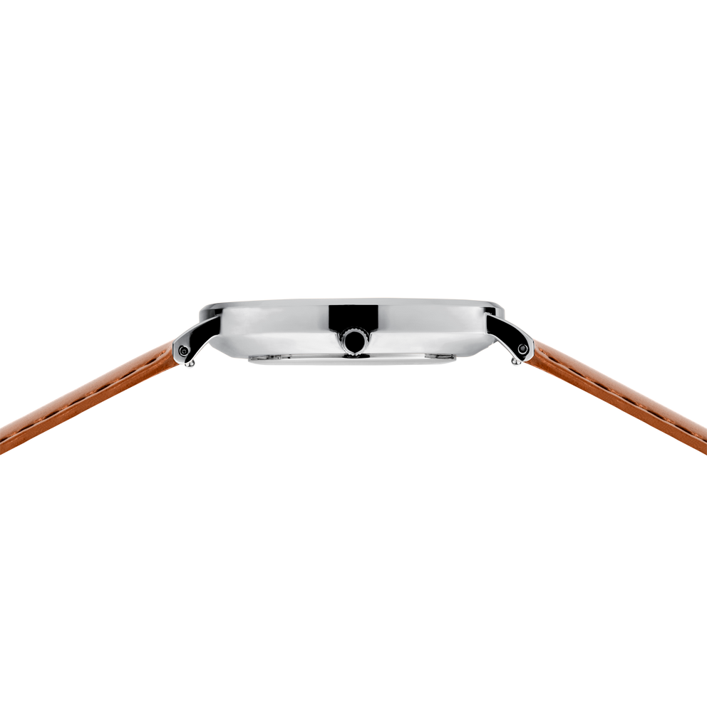 Armbanduret set fra siden med rektangulært etui, brunt læderarmbånd og metalbeslag