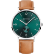Montre-bracelet BERING avec cadran bleu-vert, boîtier en argent et bracelet en cuir marron, vue de face