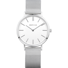 Silberne BERING Armbanduhr mit minimalistischem weißem Zifferblatt und Mesh-Armband, von oben betrachtet.