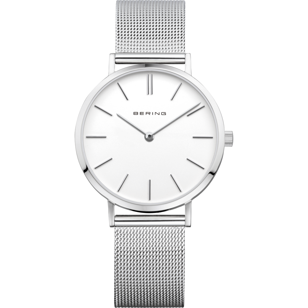 Silberne BERING Armbanduhr mit minimalistischem weißem Zifferblatt und Mesh-Armband, von oben betrachtet.